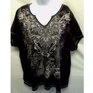 Women's Black Jeweled V Neck Blouse 2X